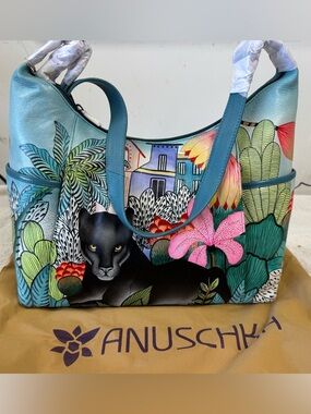 Anuschka Teal Hand-Painted Jungle Panther Shoulder Bag